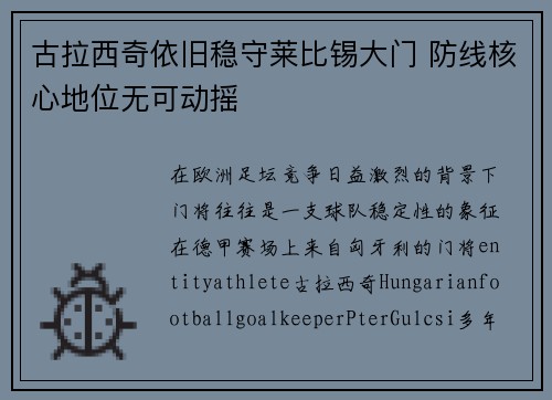 古拉西奇依旧稳守莱比锡大门 防线核心地位无可动摇