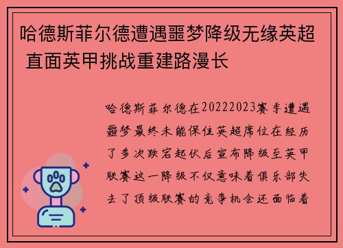 哈德斯菲尔德遭遇噩梦降级无缘英超 直面英甲挑战重建路漫长