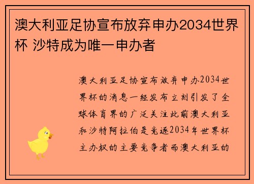 澳大利亚足协宣布放弃申办2034世界杯 沙特成为唯一申办者